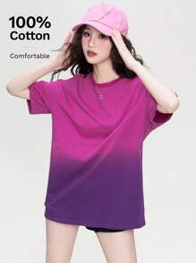 Washed Gradient Print Round Neck Cotton T-Shirt For Women