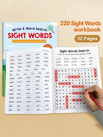 Libro de actividades con 220 palabras esenciales a la vista para niños de 5 a 8 años | Trazado, escritura y actividades de búsqueda de palabras a la vista en inglés | Libro de práctica de escritura a mano | Juegos de aprendizaje en el hogar para el jardín de infantes | Ayuda fonética y ortográfica