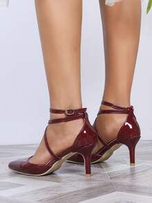女士酒红色尖头高跟鞋，交叉带，镂空鞋，带扣，金色装饰，舒适百搭 - 酒紅色 - 查看 3