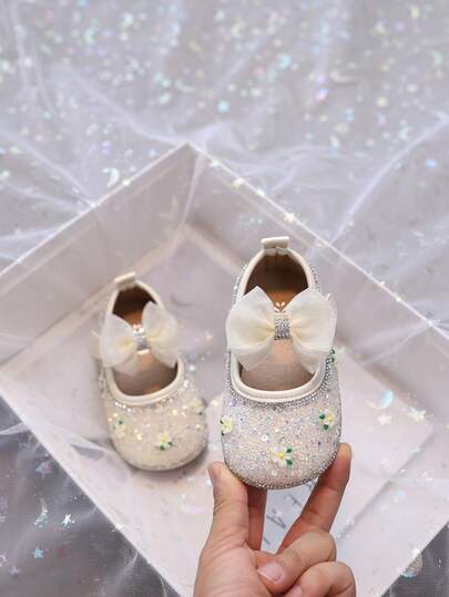 1 Pair Toddler Girls Shoes, New PU Printed Bow Cute Infant Princess Shoes, Lightweight Soft Sole Suitable For Crawling, Spring/Summer/Autumn