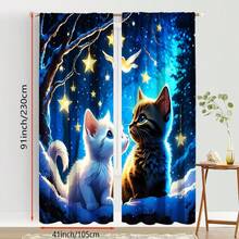 2 件可爱小猫窗帘 - 俏皮猫咪设计，蓝色窗帘和闪烁灯光，耐用涤纶面料，半透明，适用于客厅或卧室装饰（不含杆），卧室窗帘 | 猫咪主题装饰 | 杆袋风格，客厅窗帘 - 彩色 - 查看 21