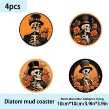 1 Set /4 Pieces /6 Pieces: Halloween Skull Pattern Diatom Mud Coasters, Floral Coffee Coasters, Multi-Occasion Decorations For Home And Restaurant, Daily Gifts, Table Decorations, Daily Decorations, Theme Party Decorations - Multicolor - View 8