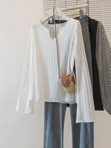 YUXIN 新款宽松条纹长袖轻便休闲T恤上衣，薄款春夏防晒罩衫 - 杏色 - 查看 10