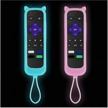2Pack Remote Case For Roku  Hisense Silicone Universal Protective Controller Sleeve For Roku Express 4K+ 2021 And Streaming Stick 4K 2021 Cute Cat Ears Design Cover - GlowPink & GlowSkyBlue - Xem 1
