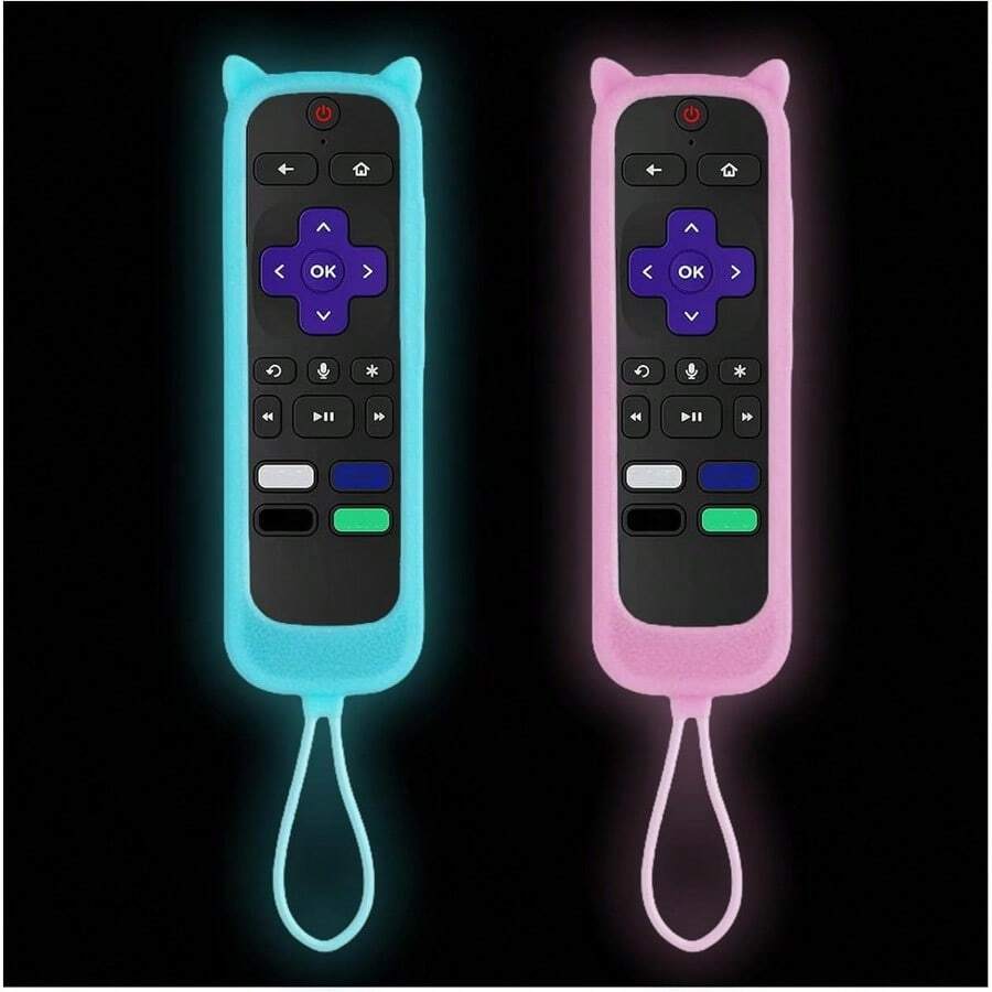 2Pack Remote Case For Roku  Hisense Silicone Universal Protective Controller Sleeve For Roku Express 4K+ 2021 And Streaming Stick 4K 2021 Cute Cat Ears Design Cover - GlowPink & GlowSkyBlue - Xem 1