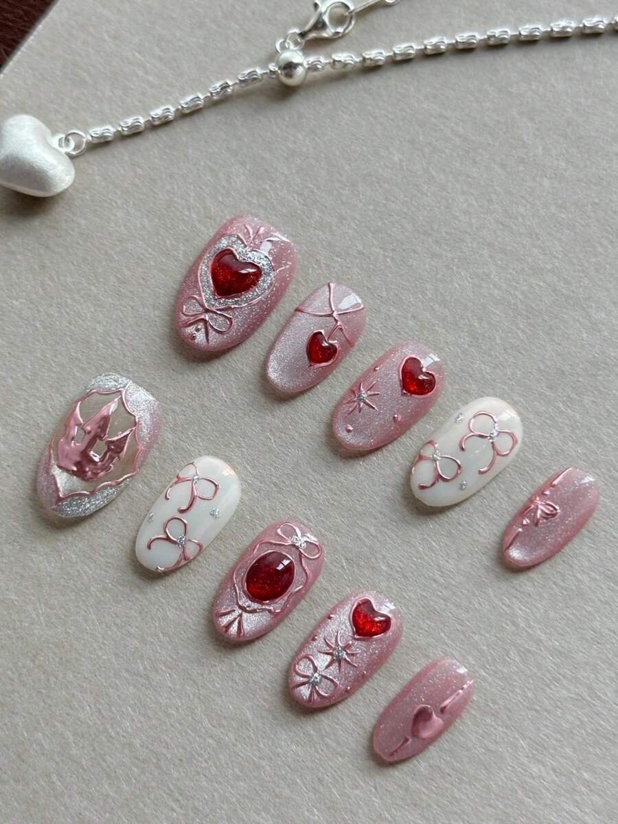 10片亚克力美甲贴片，夏季美甲贴片，沙滩必备，精美短款椭圆形假指甲，DIY，万圣节美甲用品，热门红色爱心粉色蝴蝶结猫眼美甲，红色美甲粉色美甲白色美甲，适合女士在婚礼、派对、节日等场合使用，可作为美甲工具作为礼物。手工制作的美甲贴片。 - Follow Your Heart - 查看 1