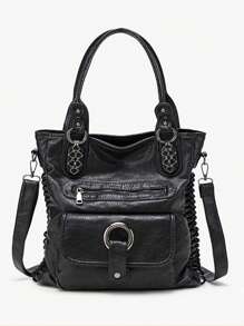Ladies' Fashionable Retro Casual Cool Handbag, Personalized Y2K Spicy Girl Motorcycle Bag, Street Style Washed Plain Leather Imitation Leather City Bag, Suitable For Work, Commuting, Dating, Party Large Capacity Multi Pocket Single Shoulder Crossbody Bag, Black