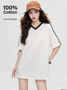 时尚女士宽松休闲插肩袖条纹T恤 - 634米白拼黑 - 查看 4