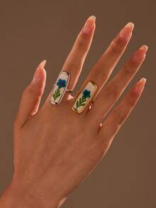 1 件/2 件女士不锈钢金色/银色矩形干花树脂开口戒指，适合日常佩戴，花形可能与图片不同