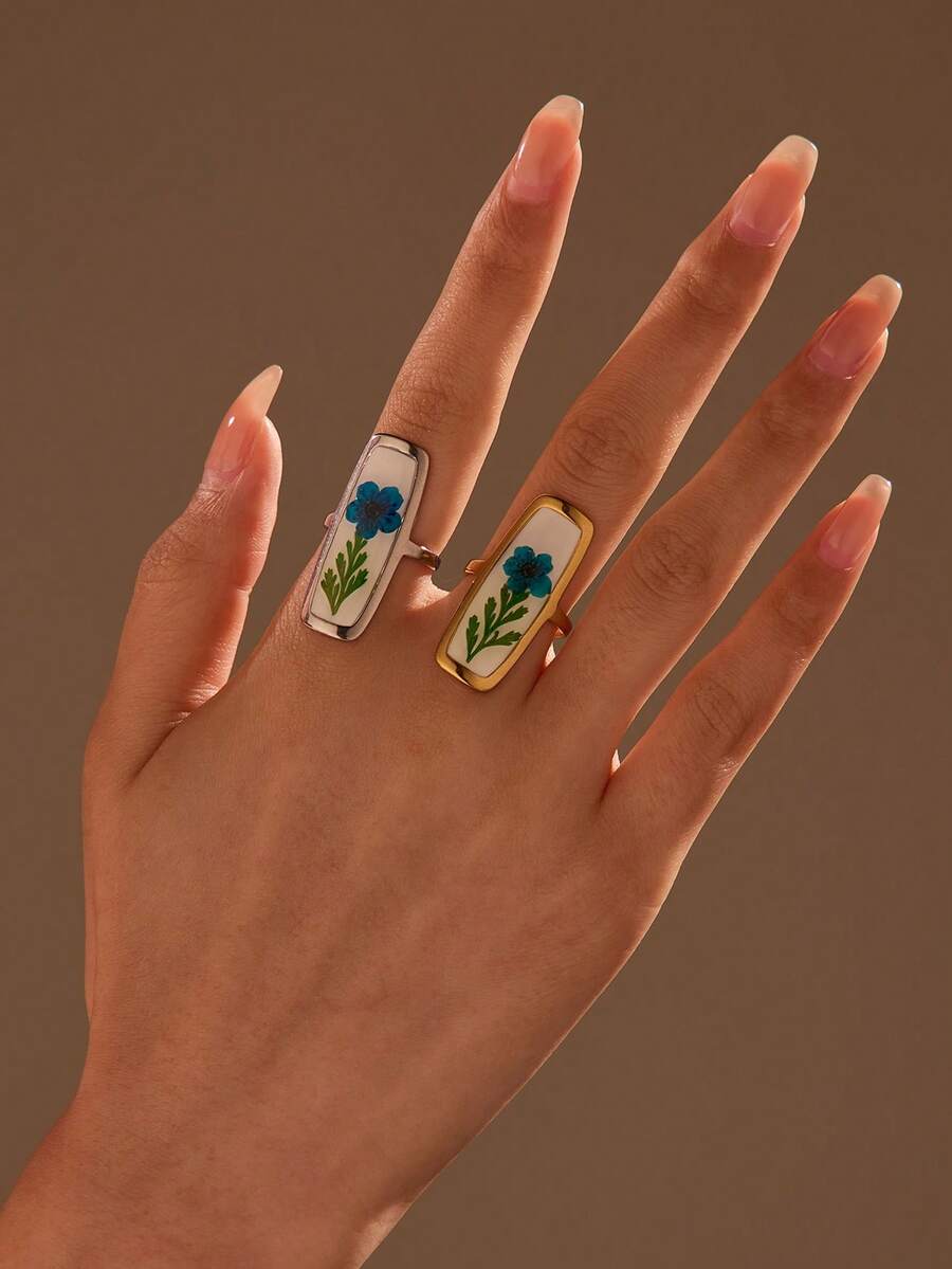 1 件/2 件女士不锈钢金色/银色矩形干花树脂开口戒指，适合日常佩戴，花形可能与图片不同