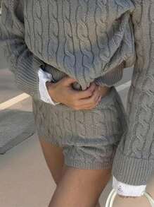 2件套纯色口袋套头衫和短裤，休闲秋冬装，返校，女教师制服，女士外出上衣，女士约会夜装，女士商务休闲低腰，韩版风格，基本款撞色毛衣，万圣节毛衣，圣诞节毛衣，女士办公室装，秋冬女士厚针织毛衣和短裤套装，温暖罗纹两件套 - 灰色 - 查看 5