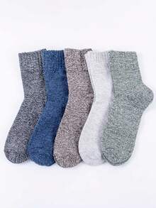 5 Pairs Men's Solid Color Vintage Style Thick Mid-Calf Socks, Unisex Size 3.5-4.3 - Beige - View 2