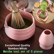 Matcha Eggbeater Set, 5-Piece Matcha Set Including Ceramic Bowl, Bamboo Beater, Spoon, Sieve, And Stand, Complete Set For Tea Ceremony, Matcha Latte, And Matcha Enthusiast Gifts In Pink, White, Green, And Black - Multicolor - View 1