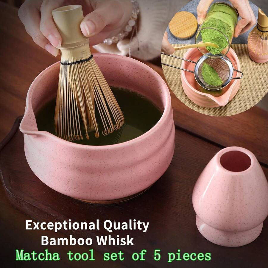 Matcha Eggbeater Set, 5-Piece Matcha Set Including Ceramic Bowl, Bamboo Beater, Spoon, Sieve, And Stand, Complete Set For Tea Ceremony, Matcha Latte, And Matcha Enthusiast Gifts In Pink, White, Green, And Black - Multicolor - View 1