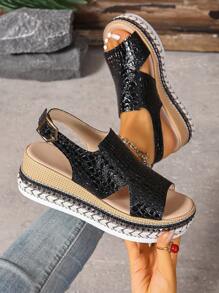 新款女式波西米亚风格坡跟厚底凉鞋，时尚百搭舒适软底沙滩凉鞋，适合海滩、派对、休闲日常穿着 - 黑色 - 查看 4