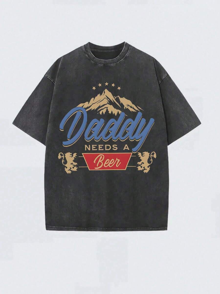GLEC Dad Needs A Beer! This Retro Street Style T-Shirt Is A Classic Retro Fashion Casual Mountain Lion Popular Letter Pattern Print, Made Of 230g Washed Cotton. It's A Versatile Retro Street Style, A High-Quality Retro Fashion Brand For Men In Summer. It's Loose, Soft, Comfortable, And Comes In Multiple Colors. It's Suitable For Spring And Summer Outdoor Wear, Has A Certain Thickness, And Can Be Worn Daily Or As A Gift For Friends, Parties, Back-To-School Gifts, New Year's Gifts, St. Patrick's Day Gifts, Or Father's Day Gifts. - 黑色 - 查看 1
