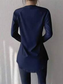 女士健身瑜伽上衣，速干运动衫，适合跑步、健身房锻炼，弹力压缩打底衫 - 藏蓝色 - 查看 4