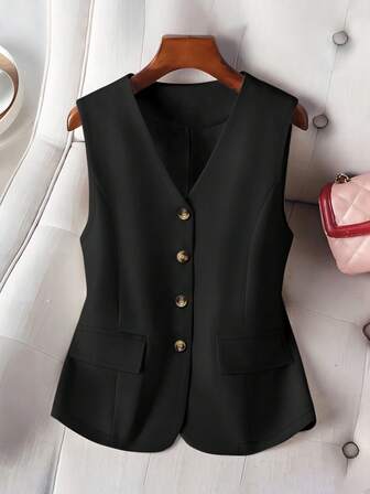 Women's Casual Lightweight Single-Breasted Sleeveless Blazer, Suitable For Spring & Summer