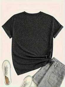 Ladies Graphic Printed V-Neck T-Shirt, Short Sleeve Casual Women's Tops For Summer And Spring, Women's Clothing, Perfect For Holidays And Gifts! - 深灰色 - 查看 2