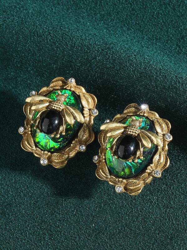 2 peças de joias de insetos banhadas a ouro 18K com inspiração vintage - brincos de abelha 3D com resina colorida e strass, verde e rosa