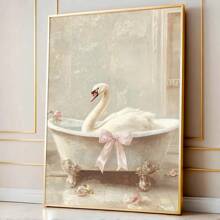 1pc Unframed Cute Pink Bow Swan In Tub Funny Wall Art Poster Canvas Print Maximalist Bathroom Dopamine Decor Painting For Toilet,Living Room,Bedroom,Modern Home Decoration