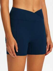 ROYALS MATTINI 女式海军蓝骑行瑜伽短裤，女式运动紧身裤和短裤，春夏健身短裤，带口袋，褶皱提臀，速干，交叉腰部弹力紧身修身骑行和跑步运动短裤 - 藏蓝色 - 查看 4