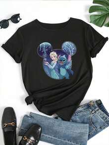 Women's Casual Short Sleeve T-Shirt - Cute Cartoon Characters And Floral Print, Soft Stretch Crew Neck Tee, Machine Washable, Playful Graphics, Premium Casual Wear - 黑色 - 查看 1