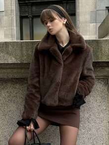 MUMRAP Vintage Faux Fur Lapel Long Sleeve Coat Winter Casual Warm Pockets Coat