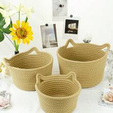 1pc Woven Round Storage Basket With Lid, Egg Basket, Makeup Organizer - Multicolor - View 10