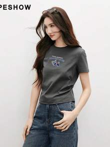 Women's T-Shirt, Short Sleeves, Round Neck, Summer, Simple, 100% Pure Cotton, Moomy Moose Design - 灰色 - 查看 1