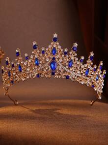 4pcs Elegant Baroque Rhinestone Crown Necklace And Earrings Set, Perfect For Weddings And Special Occasions - 藍色 - 查看 3