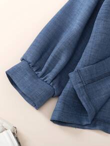 BASUSARRI 女孩秋冬纽扣衬衫长袖和阔腿裤两件套，优雅时尚的通勤和外出装 - 藍色 - 查看 5