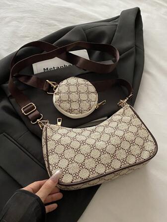 轻便、商务休闲几何印花流浪包拉链带零钱包，适合少女、女大学生、新秀和白领人士，非常适合办公室、大学、工作、商务、通勤、户外、旅行、郊游、女士包包带小钱包