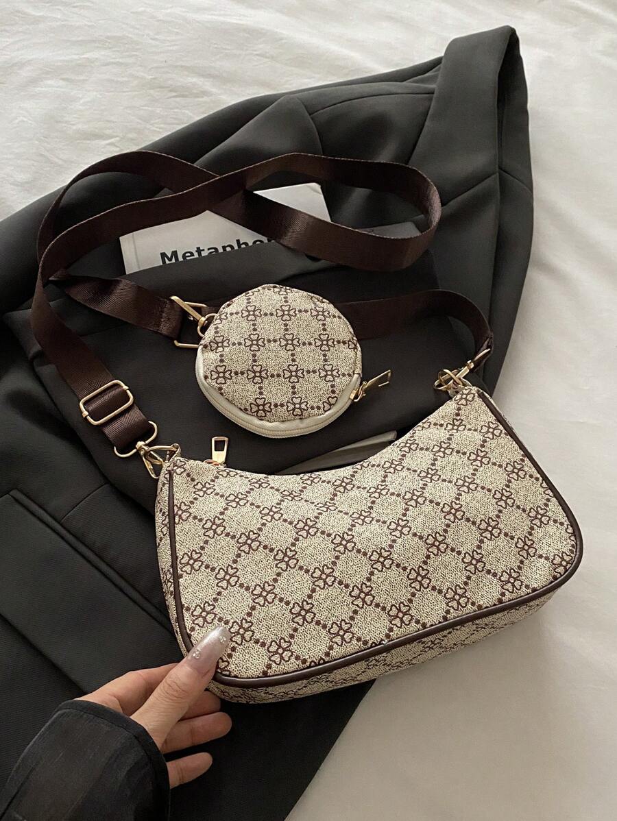 轻便、商务休闲几何印花流浪包拉链带零钱包，适合少女、女大学生、新秀和白领人士，非常适合办公室、大学、工作、商务、通勤、户外、旅行、郊游、女士包包带小钱包