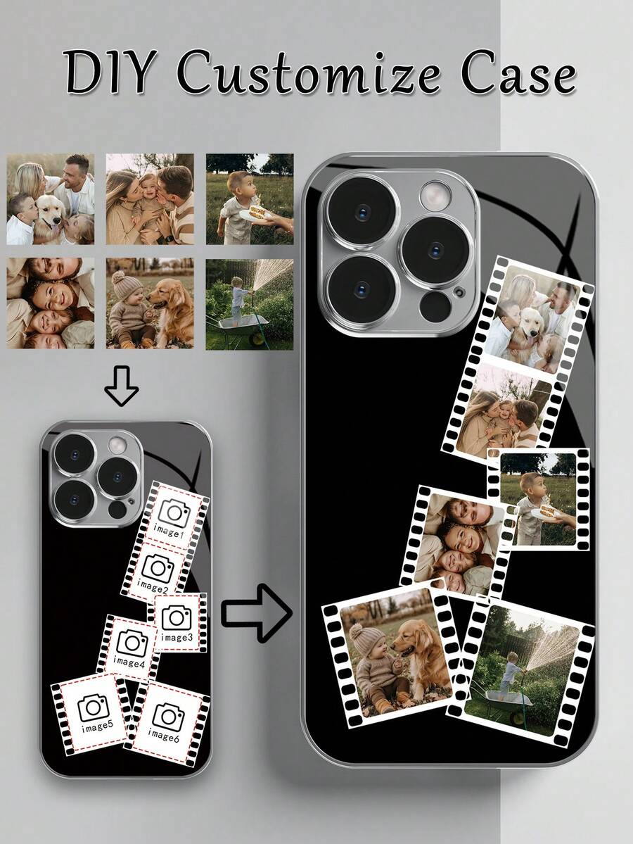 1pc Customizable 6-Photo Personalized Fashion Electroplated Tempered Glass Phone Case - Multicolor - View 1