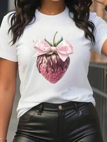 Camiseta con estampado Gráfico Fresa Chocolate Moño Poliéster mujer Diario - Blanco - Ver 1