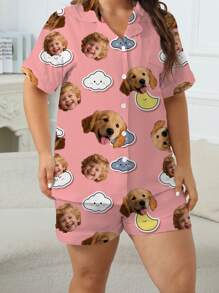 Plus Size Women's Summer Pajama Set, Collared Short Sleeve Top And Shorts, Pink Cloud & Moon Cartoon Custom Pet Portrait Graphic, Casual Loungewear
