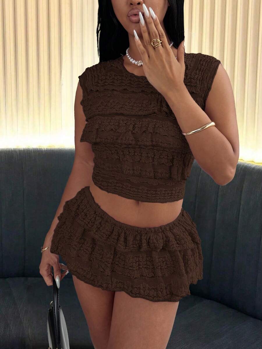 Spring/Summer Knit Lace Jacquard Ruched Crew Neck Top And Mini Skirt Set - Coffee Brown - View 1