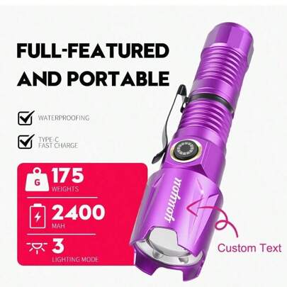 Lanterna de liga UV personalizada alimentada por bateria recarregável 18650 de 2400 mAh, 3 modos de iluminação, lanterna multifuncional de autodefesa de liga com clipe para caneta para detecção de urina de animais de estimação e cura de resina, itens essenciais para viagens de férias, presentes perfeitos para esposas, filhas, amigas, acessórios de acampamento