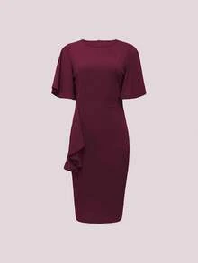 复古风纯色圆领抽绳腰身修身连衣裙，热销女装，春夏优雅风。 - 酒紅色 - 查看 5