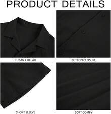 Mens Linen Button Down Shirts Short Sleeve Basic Cuban Regular Fit Wedding Summer Beach Tops - 黑色 - 查看 6