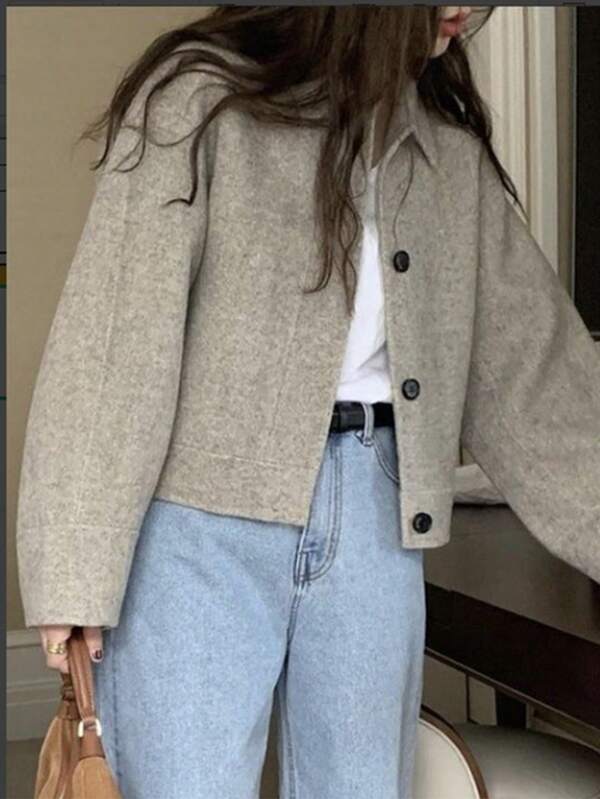 Damen einfarbige Kurzjacke mit Knopfverschluss und Taschen, Lässig Wear für Alltag, Reisen, Urlaub, Herbst/Winter