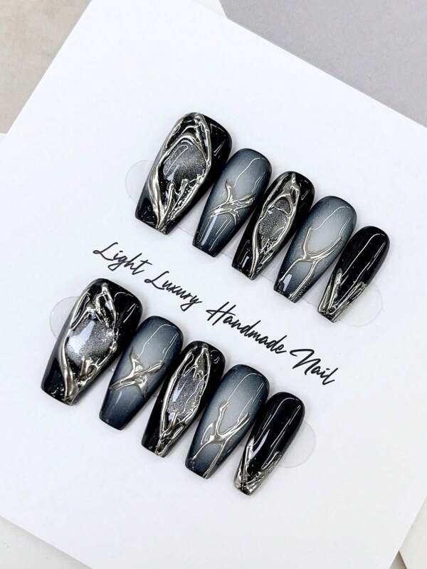 10 Pieces Of Long Nails, Diablo Mergerian Nail Art New Style DIY Heavy Workers, Heavy Workers, Punk Style Mechanical Warfare Patterns Design Black Nails, Removable Reused Nail Supplies, Nail Powder, Nails Scattered Suitable For Men, Ladies On The Stage, Dance Party , Dacking Scenes Use 1 Piece Of Fructic Jelly Glue And 1 Rubbing Strip