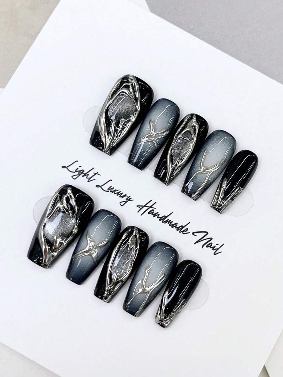 10 sztuk długich paznokci, Diablo Mergerian Nail Art Nowy styl DIY Ciężcy pracownicy, Ciężcy pracownicy, Punk Style Mechanical Warfare Patterns Design Czarne paznokcie, Zdejmowane ponownie użyte materiały do paznokci, Proszek do paznokci, Rozrzucone paznokcie odpowiednie dla mężczyzn, Panie na scenie, Impreza taneczna, Sceny Dacking Użyj 1 kawałka kleju Fructic Jelly i 1 paska ściernego