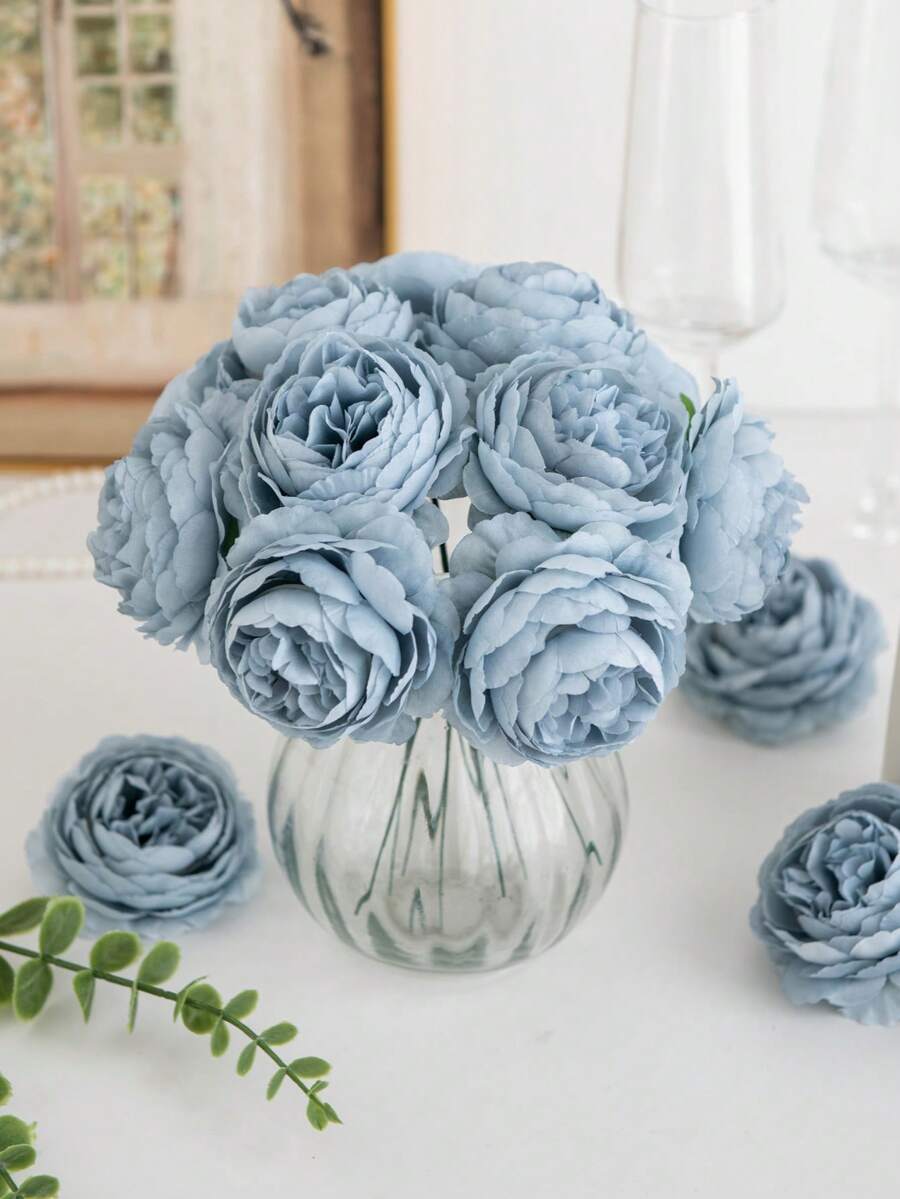 25 pièces/12 pièces/5 pièces Têtes de fleurs artificielles de pivoine blanches, fleurs en soie artificielles fausses, têtes de fleurs simulées de pivoine pour la décoration de mariage, de gâteau et de la maison, table de salon, décoration, décoration de fête d'automne, centres de table de récolte, décoration de couronne - Bleu gris - Voir 1