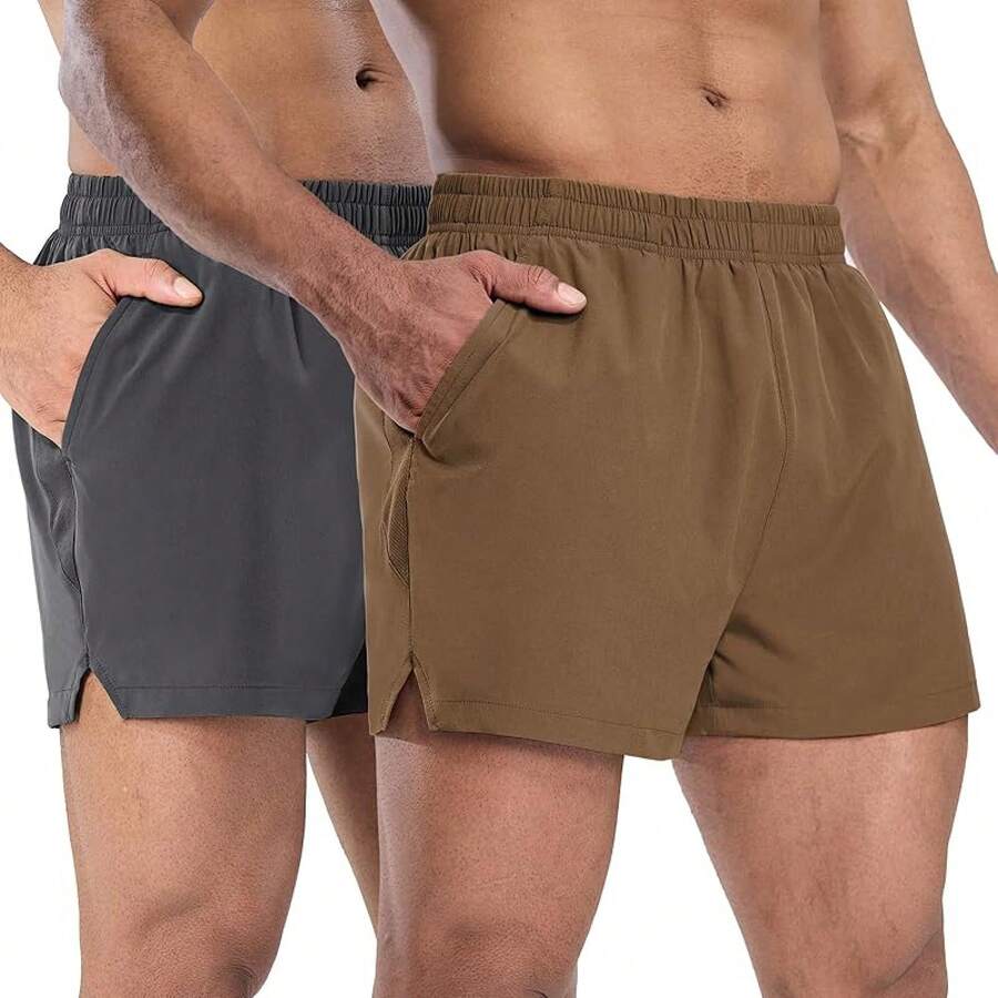 2 Pack Gym Shorts For Men Quick Dry Athletic Shorts With Brief Liner/Pockets For Running Workout Active, 3 Inch Inseam - Dark Grey/Brown - View 1