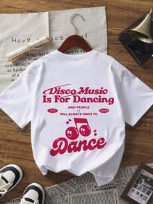 Women Summer Casual Music Festival Musical Notation & Slogan Printed Round Neck Short Sleeve T-Shirt, Fashionable & Versatile - White - View 1