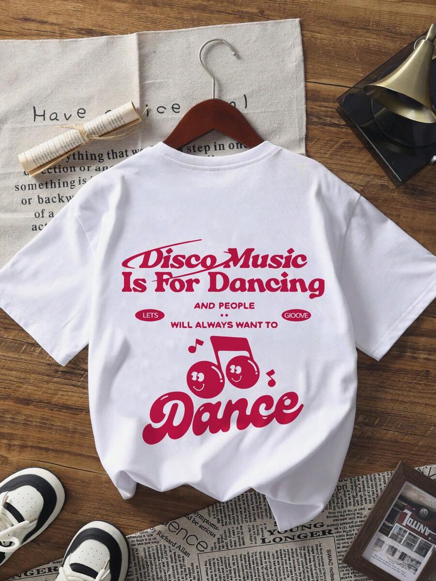 Women Summer Casual Music Festival Musical Notation & Slogan Printed Round Neck Short Sleeve T-Shirt, Fashionable & Versatile - White - View 1
