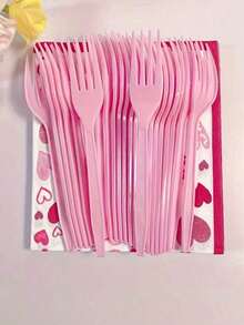 Zestaw 10/30 szt. różowych plastikowych naczyń stołowych, idealny na imprezy festiwalowe, Dzień Matki, wesela, urodziny i spotkania – modne noże do ciasta, widelce i łyżki – idealne na formalne wydarzenia i do jadalni