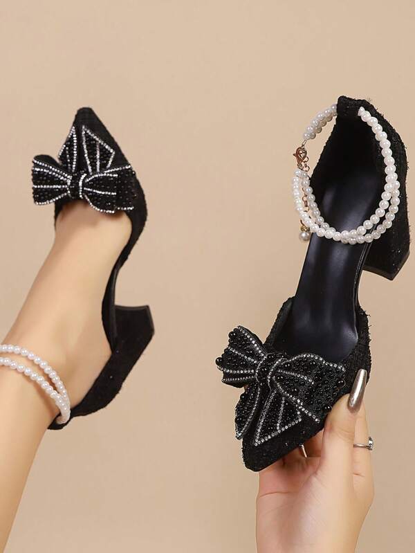 Zapatos de tacón alto de punta fina, sandalias de estilo francés con lazo transparente, tira de hada y rhinestones, elegantes, bombas para mujer, nueva colección primavera/verano 2025